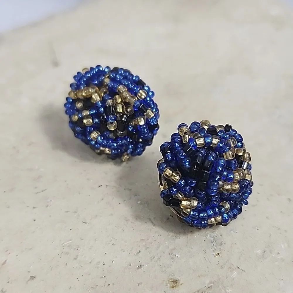 Vintage Blue, Gold, Black Seed Bead Clip on Earrings made in Japan